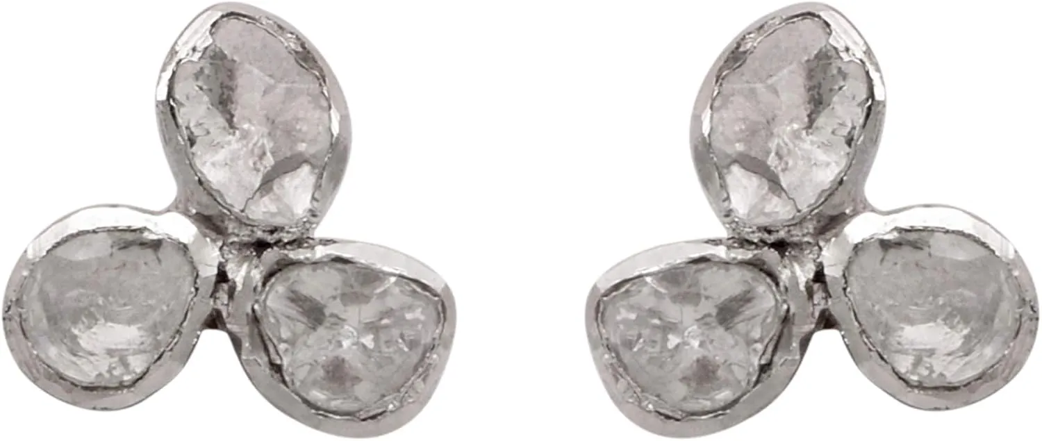 0.50 CTW Natural Diamond Polki Tiny Fan Studs 925 Sterling Silver Platinum Plated Slice Diamond Earrings