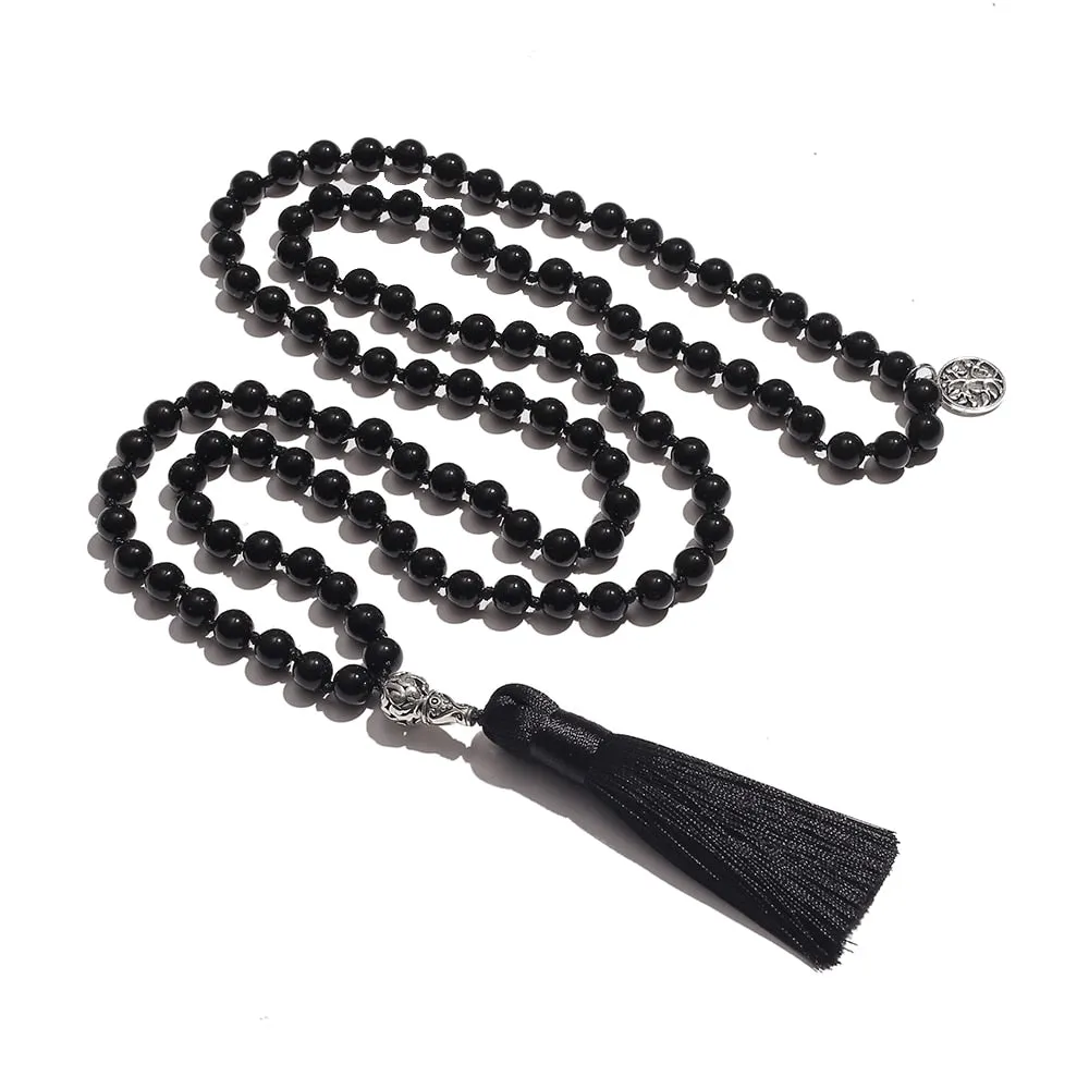 108 Mala Beads Necklace Black Onyx 8MM Rosary Meditation Jewelry Japamala Tassel Necklace