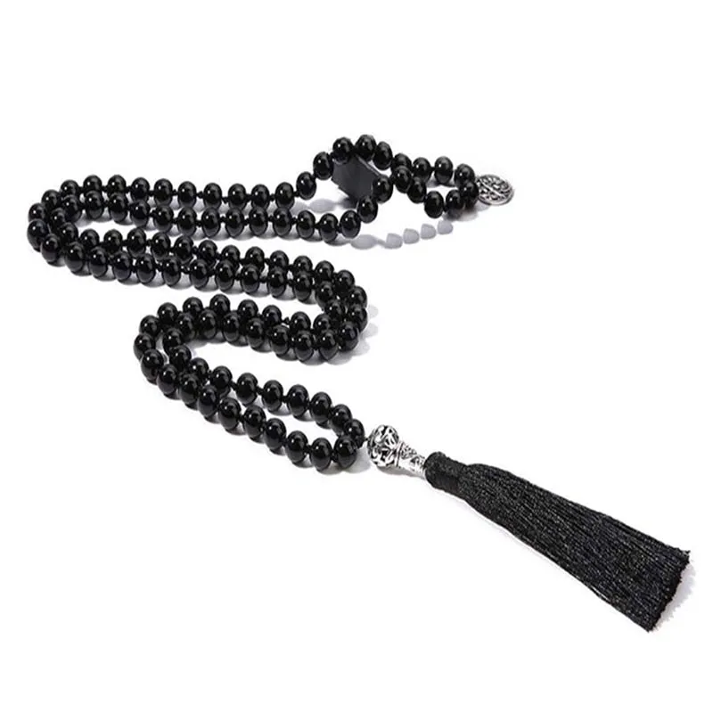 108 Mala Beads Necklace Black Onyx 8MM Rosary Meditation Jewelry Japamala Tassel Necklace