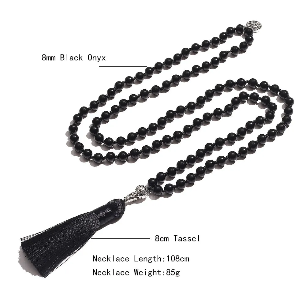108 Mala Beads Necklace Black Onyx 8MM Rosary Meditation Jewelry Japamala Tassel Necklace