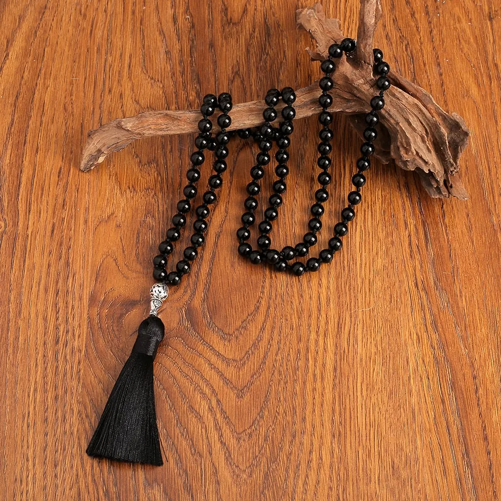 108 Mala Beads Necklace Black Onyx 8MM Rosary Meditation Jewelry Japamala Tassel Necklace