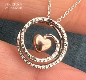 10k Gold Heart in Silver Ocean Wave Circle Pendant. Free Chain "Italy"