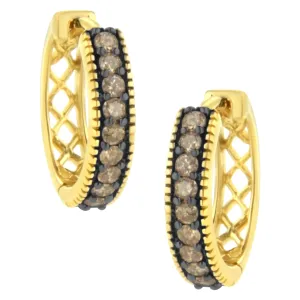 10K Yellow Gold and Black Rhodium 1/2 Cttw Lattice Back Cutout and Round-Cut Diamond Hoop Earring (J-K Color, I1-I2 Clarity)