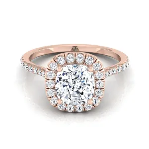 14K Rose Gold Cushion Diamond Shared Prong Halo Engagement Ring -3/8ctw