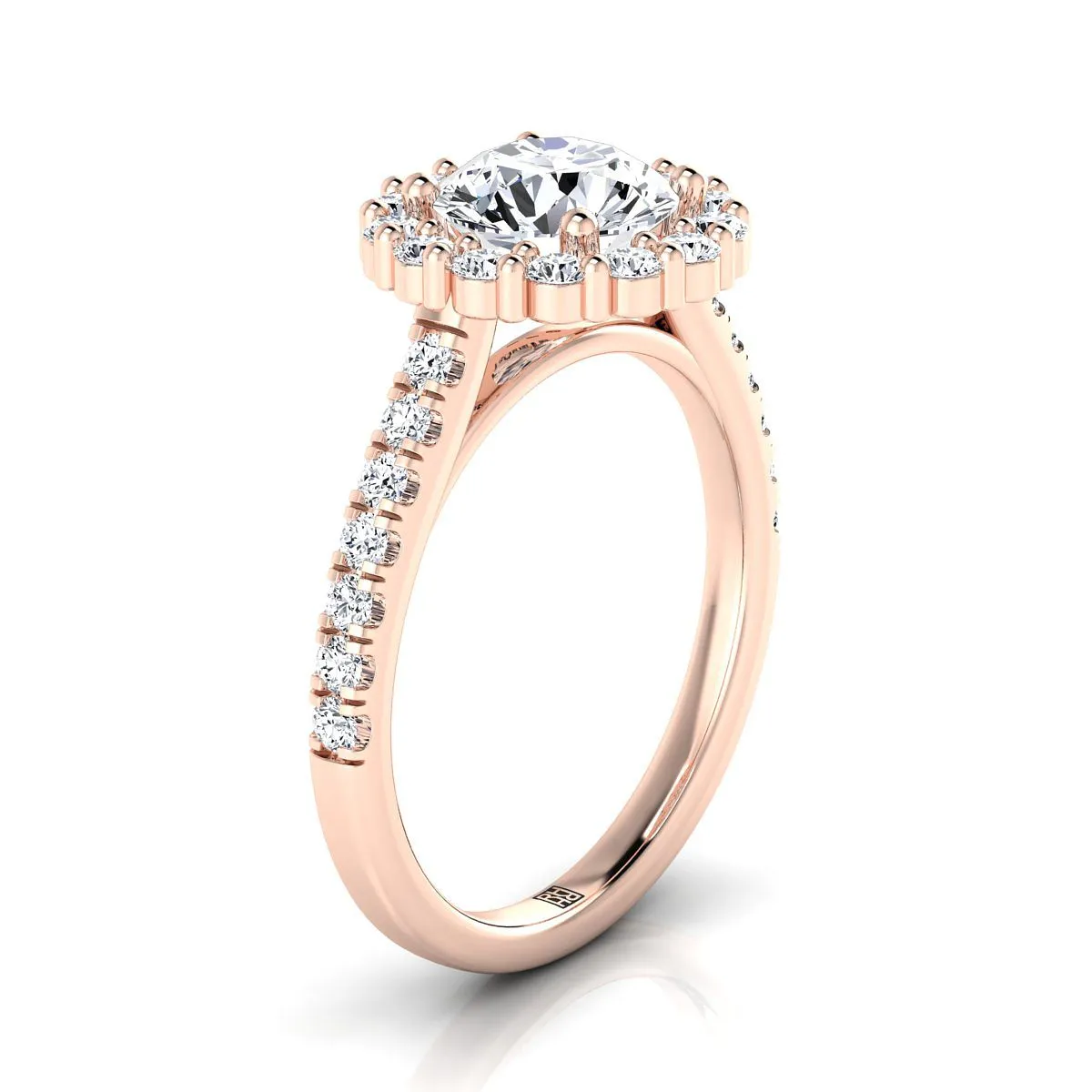 14K Rose Gold Round Brilliant Diamond Shared Prong Halo Engagement Ring -5/8ctw