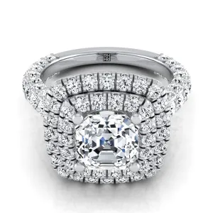 14K White Gold Asscher Cut Diamond Bold and Fancy Double Halo French Pave Engagement Ring -2ctw