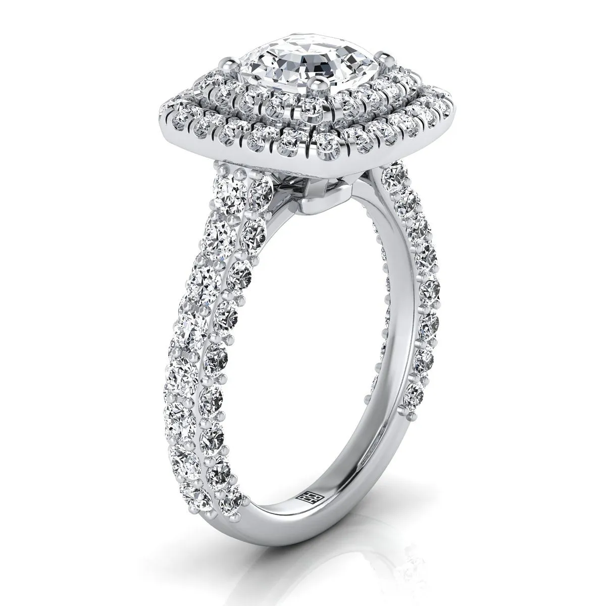 14K White Gold Asscher Cut Diamond Bold and Fancy Double Halo French Pave Engagement Ring -2ctw