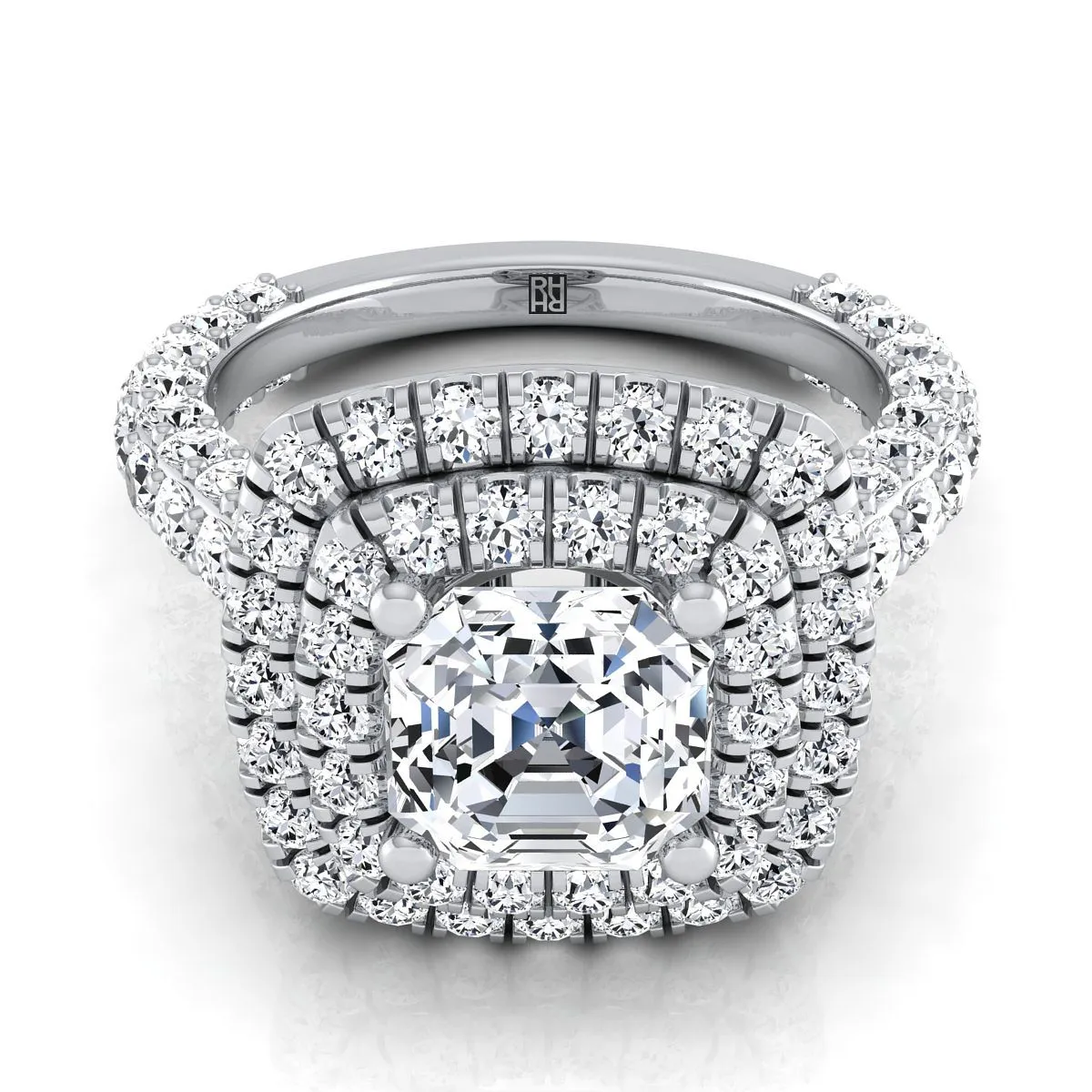 14K White Gold Asscher Cut Diamond Bold and Fancy Double Halo French Pave Engagement Ring -2ctw