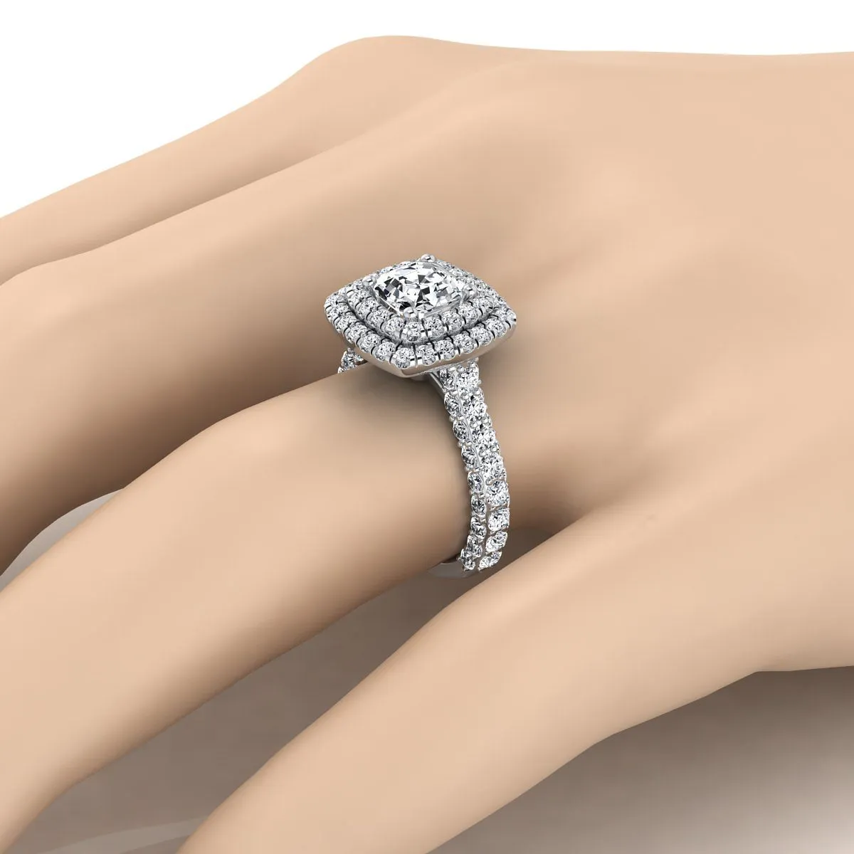 14K White Gold Asscher Cut Diamond Bold and Fancy Double Halo French Pave Engagement Ring -2ctw