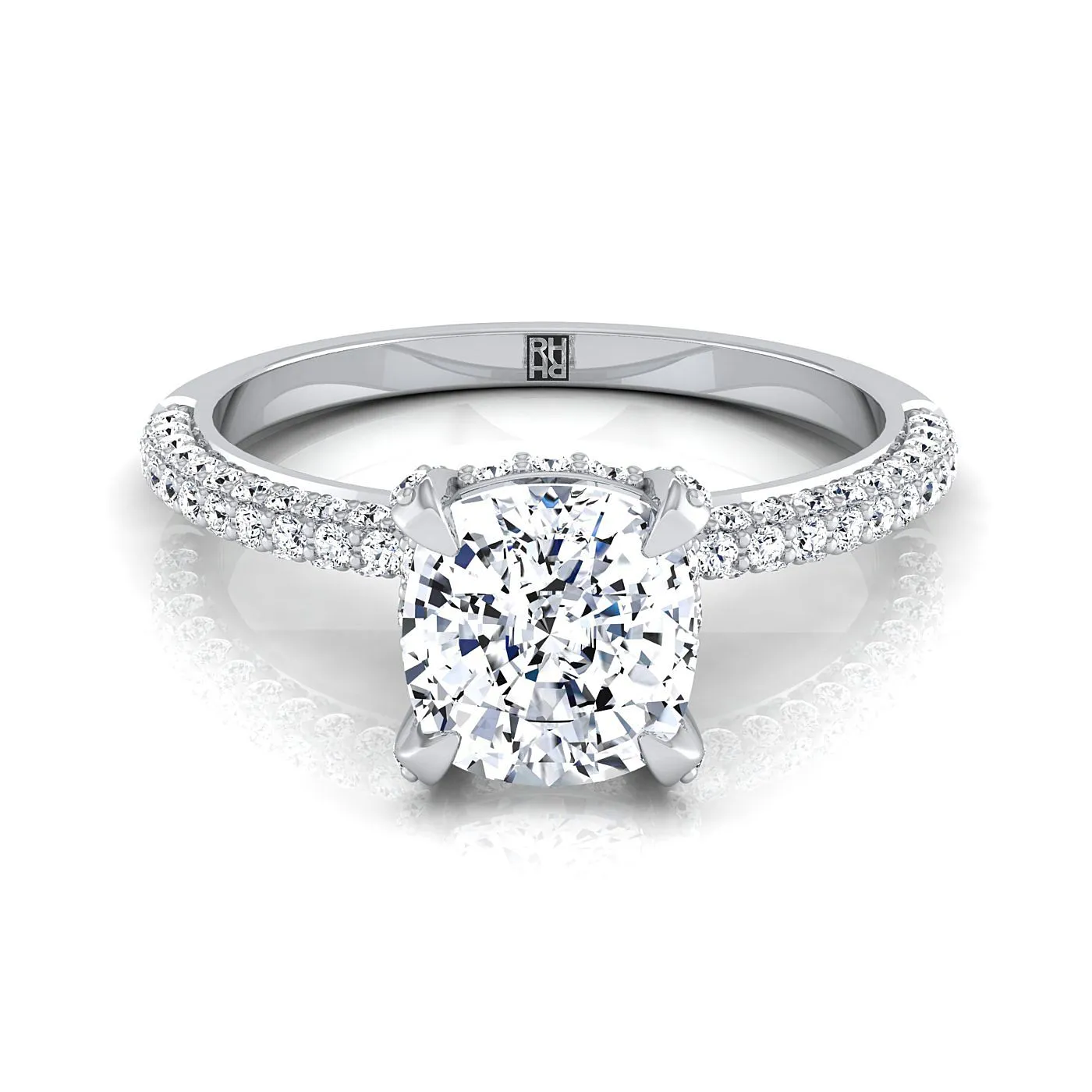 14K White Gold Cushion Diamond Encrusted Claws and Triple Pave Engagement Ring -1/2ctw