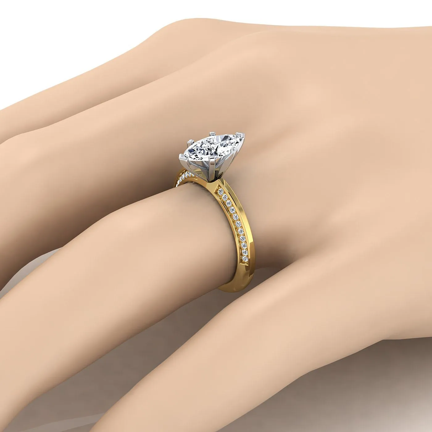 14K Yellow Gold Marquise  Diamond Knife Edge Micropave Engagement Ring -1/5ctw