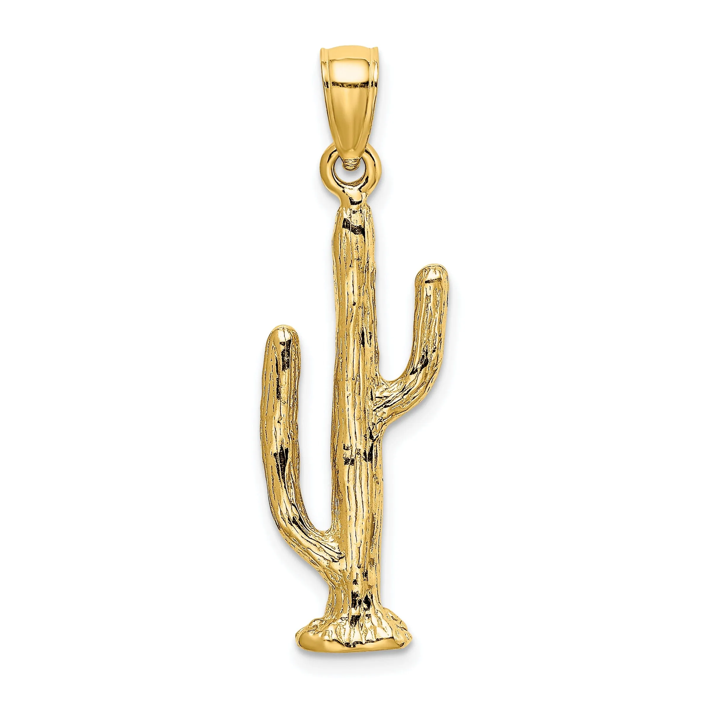 14K Yellow Gold Textured Polished Finish 3-Dimensional Saguaro Cactus Design Charm Pendant