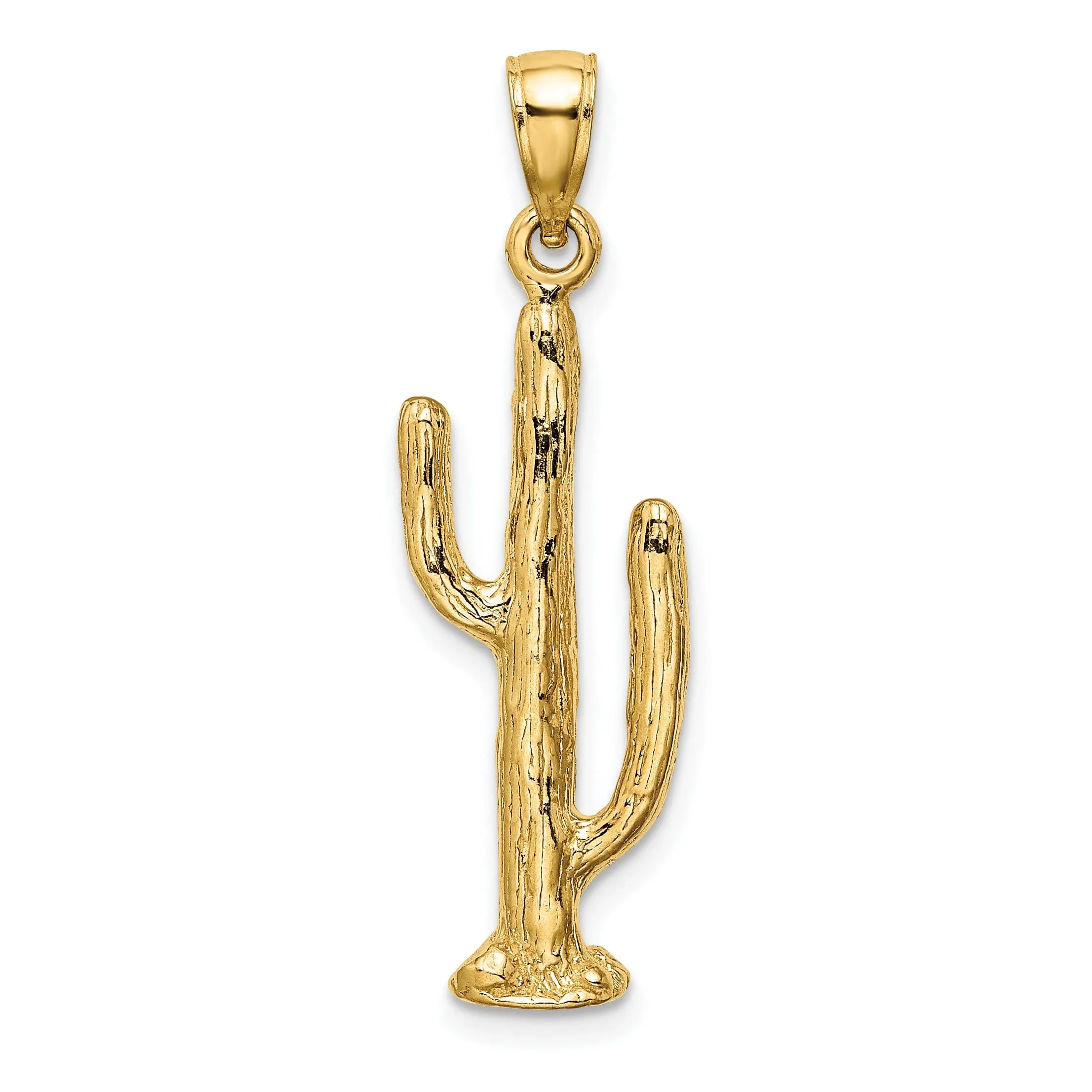 14K Yellow Gold Textured Polished Finish 3-Dimensional Saguaro Cactus Design Charm Pendant