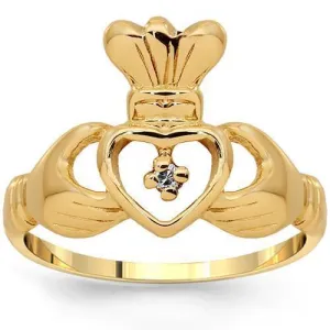 14K Yellow Solid Gold Diamond Irish Claddagh Ring 0.04 Cwt.