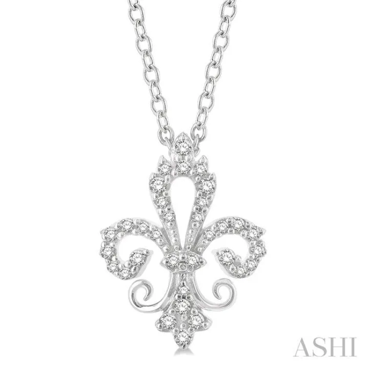 1/6 ctw Petite Carved Fleur De Lis Round Cut Diamond Fashion Pendant With Chain in 10K White Gold