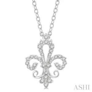 1/6 ctw Petite Carved Fleur De Lis Round Cut Diamond Fashion Pendant With Chain in 10K White Gold