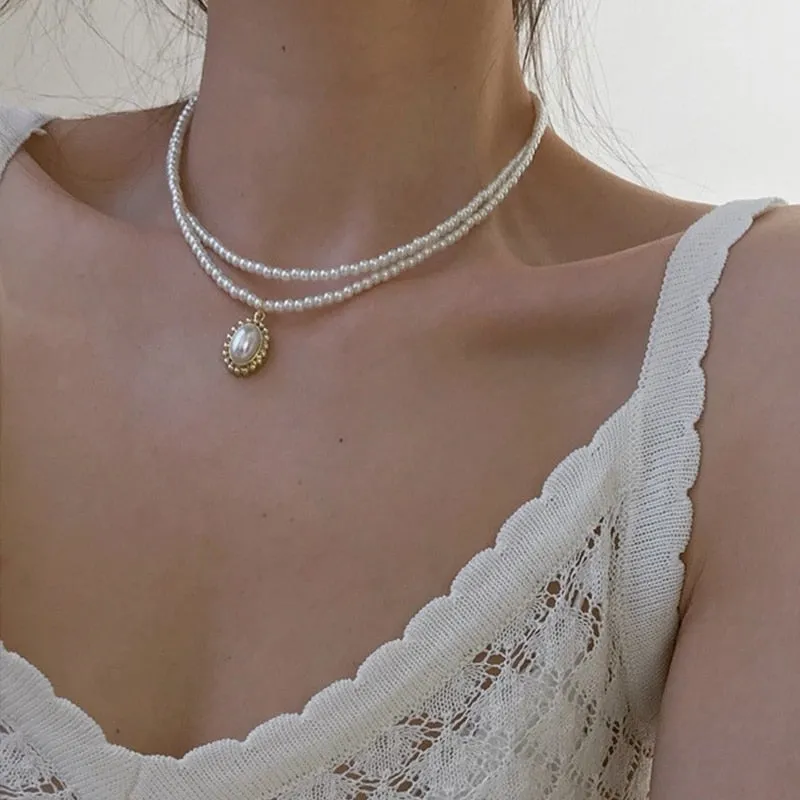 17KM Korean Heart Pearl Necklace for Women Vintage Statement Pearl Choker Necklaces Elegant Wedding Collar Jewelry