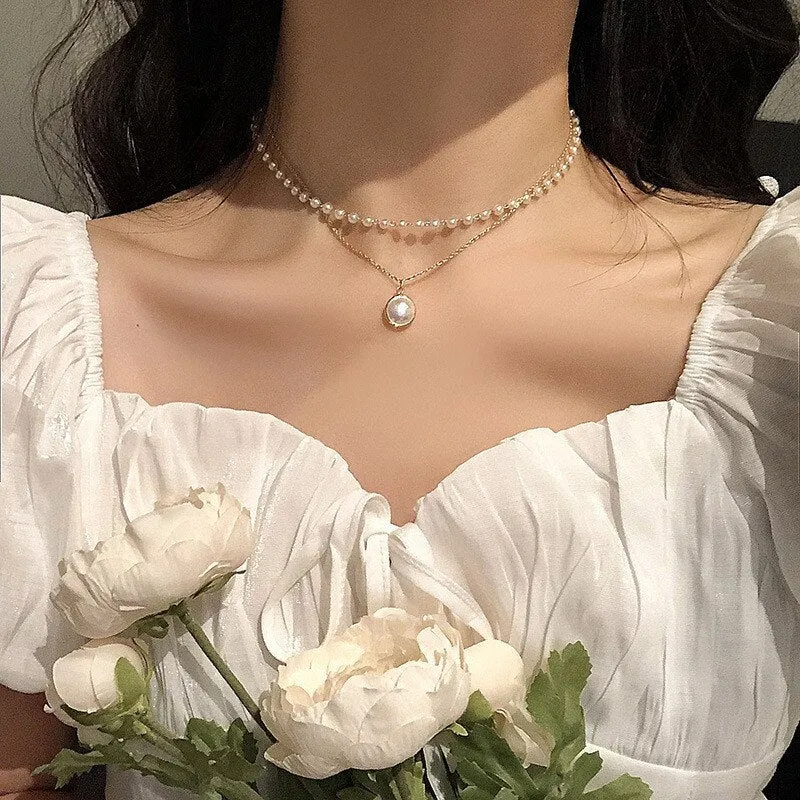 17KM Korean Heart Pearl Necklace for Women Vintage Statement Pearl Choker Necklaces Elegant Wedding Collar Jewelry