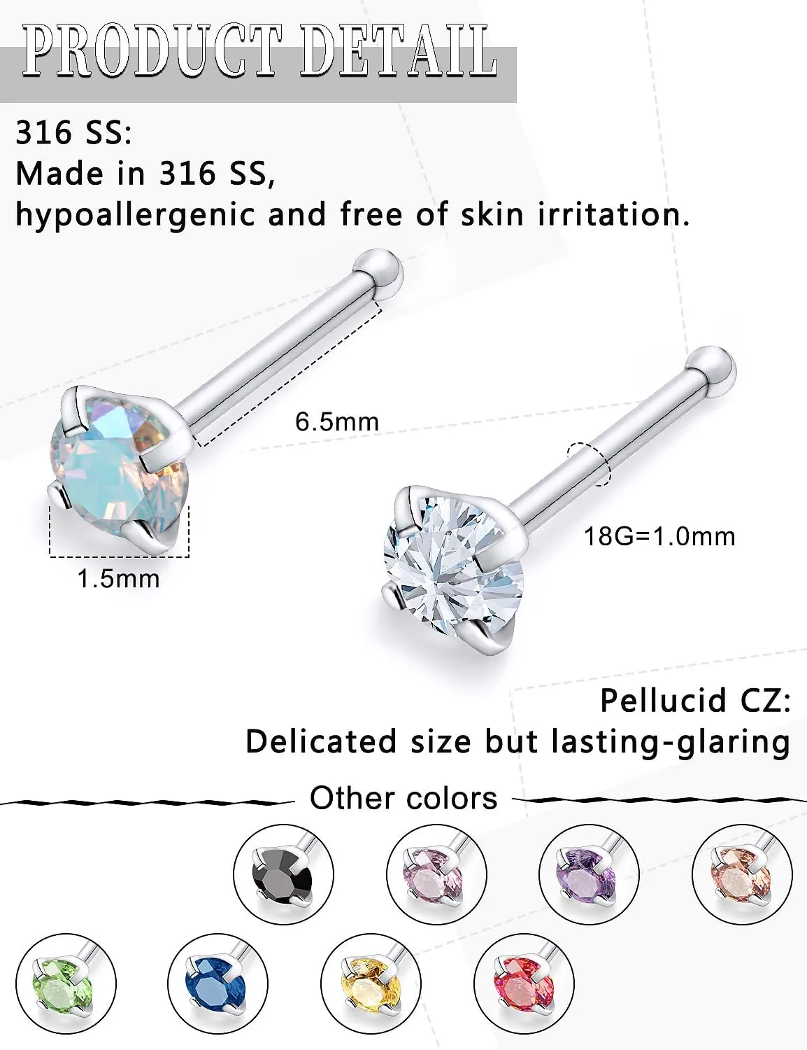18G 20G 22G Surgical Steel Cubic Zirconia Nose Rings Studs for Women Men Nose Piercing Jewelry Top Diamond 1.5mm 2mm