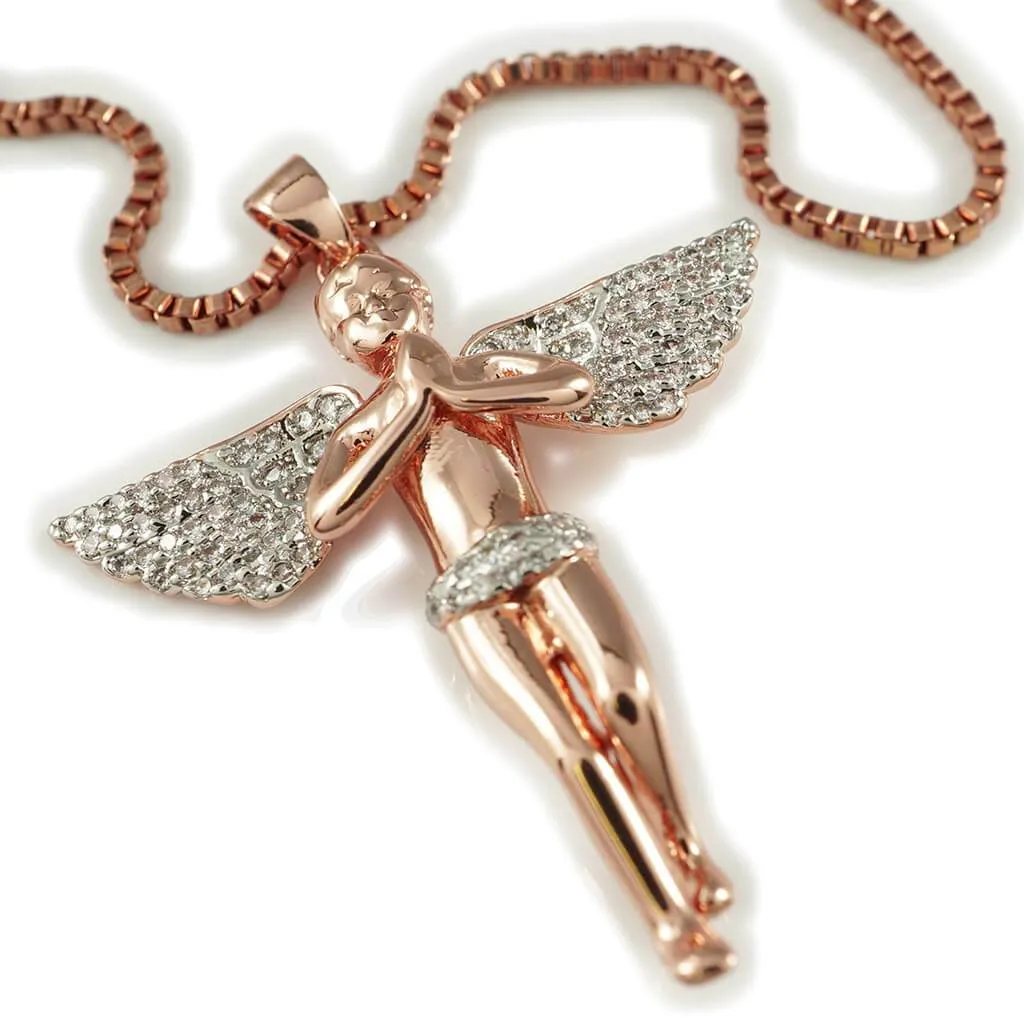 18k Rose Gold Praying Mini Angel Pendant With Box Chain