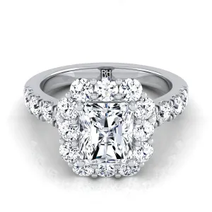 18K White Gold Radiant Cut Center Diamond Luxe Style French Pave Halo Engagement Ring -1-1/10ctw