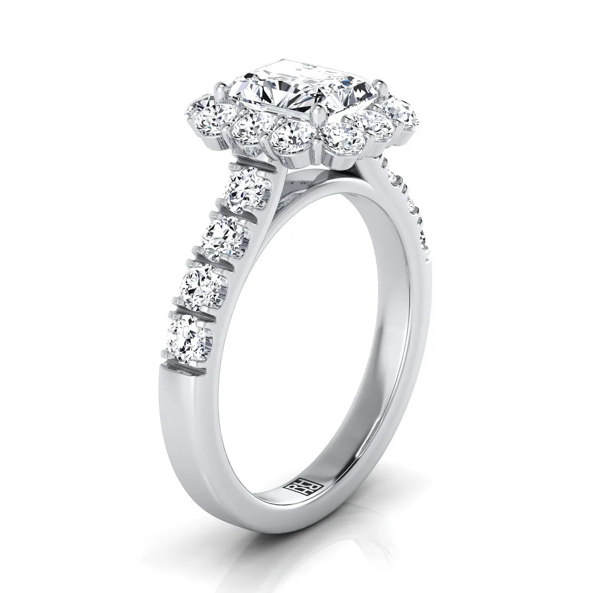 18K White Gold Radiant Cut Center Diamond Luxe Style French Pave Halo Engagement Ring -1-1/10ctw