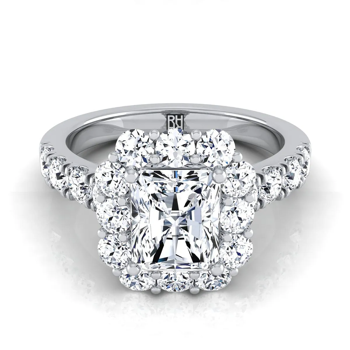18K White Gold Radiant Cut Center Diamond Luxe Style French Pave Halo Engagement Ring -1-1/10ctw