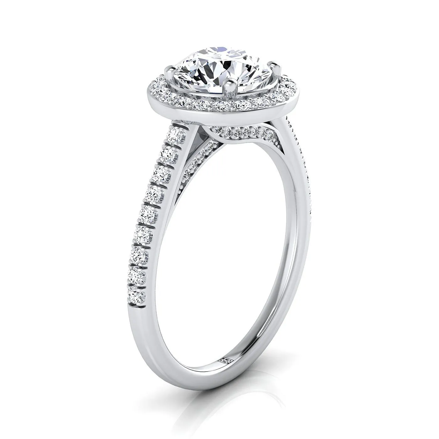 18K White Gold Round Brilliant Diamond French Pave Halo Secret Gallery Diamond Engagement Ring -3/8ctw