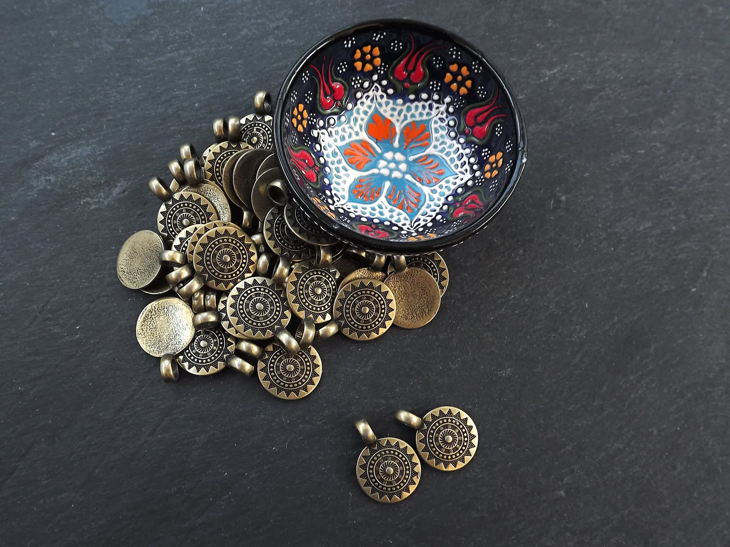 2 Small Ethnic Sun Mandala Round Disc Pendants with Side Facing - Antique Bronze Plated