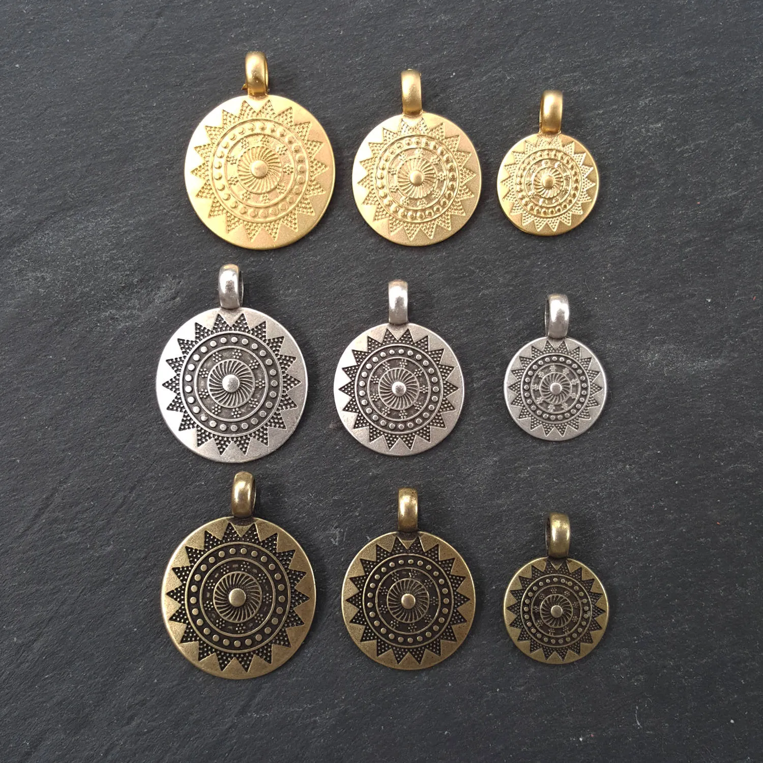 2 Small Ethnic Sun Mandala Round Disc Pendants with Side Facing - Antique Bronze Plated
