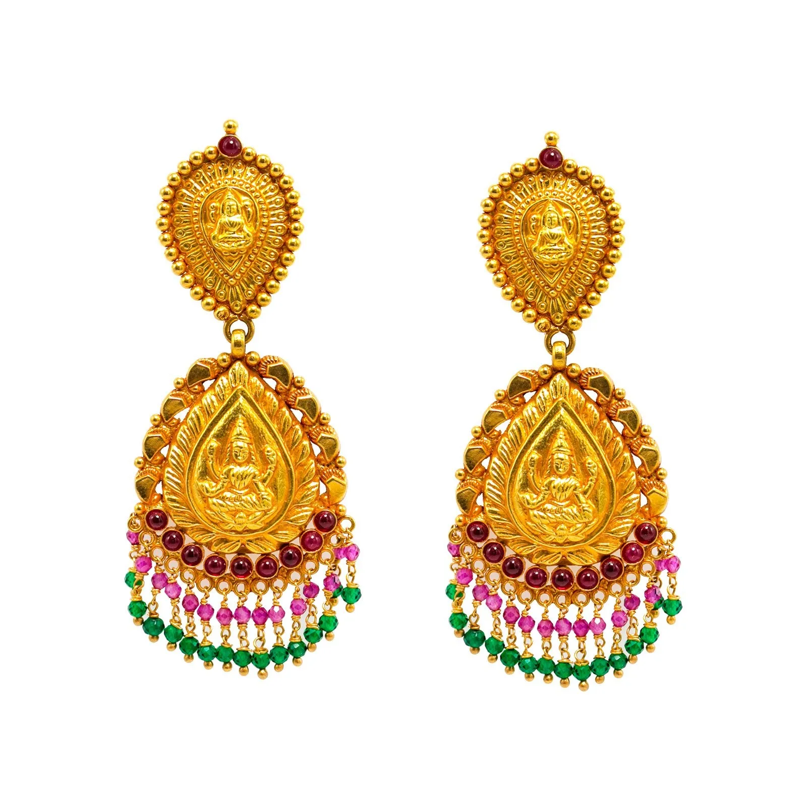 22K Yellow Gold Earrings W/ Rubies, Emeralds & Laxmi Pendant