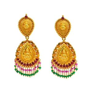 22K Yellow Gold Earrings W/ Rubies, Emeralds & Laxmi Pendant