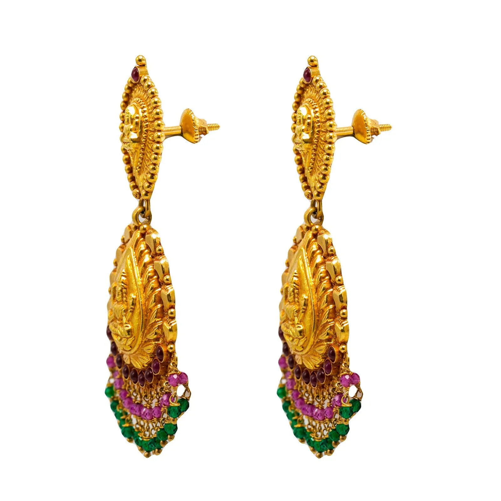 22K Yellow Gold Earrings W/ Rubies, Emeralds & Laxmi Pendant