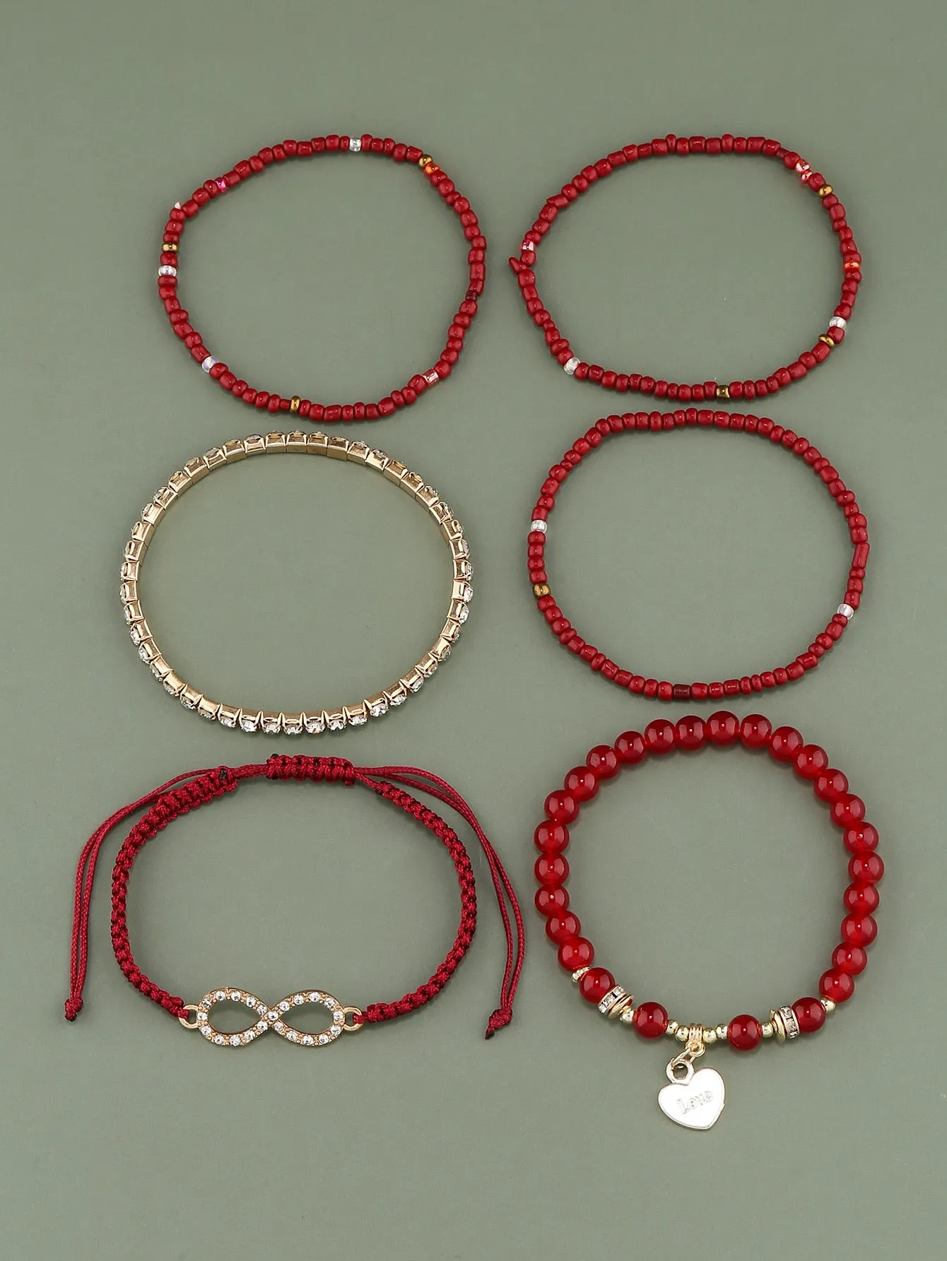 6pcs Infinity Charm Red Burgundy Beaded Bracelet Women Bracelet Stackable
