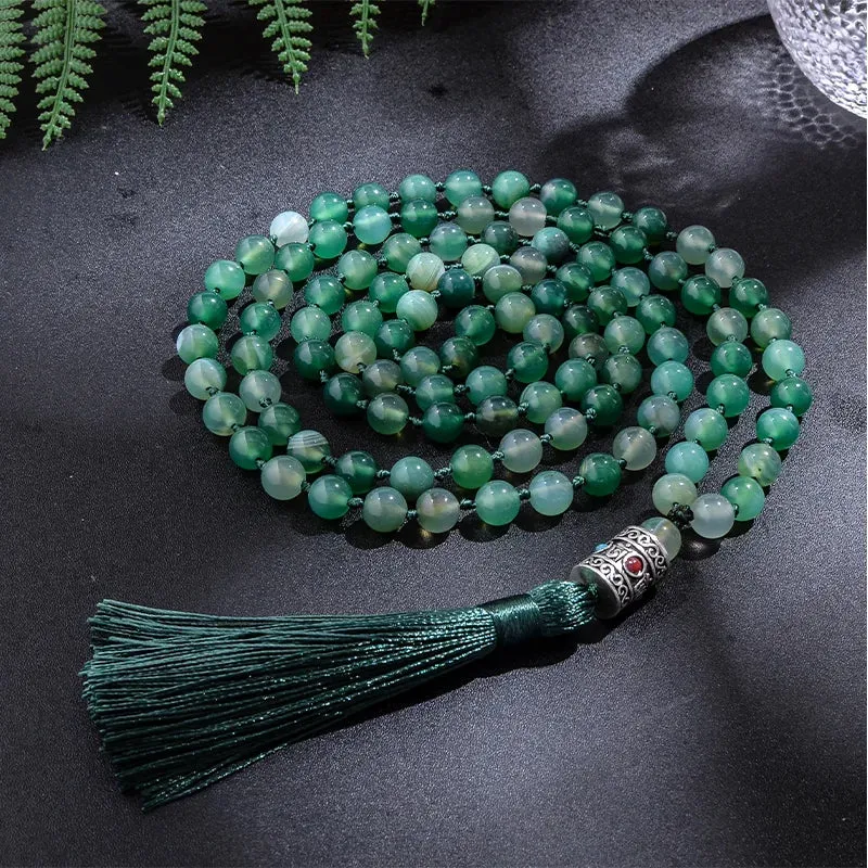 8mm Green Striped Agate Japamala Knotted Necklace 108 Mala Beaded Meditation Yoga Blessing Jewelry Set