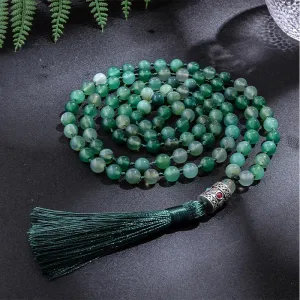 8mm Green Striped Agate Japamala Knotted Necklace 108 Mala Beaded Meditation Yoga Blessing Jewelry Set