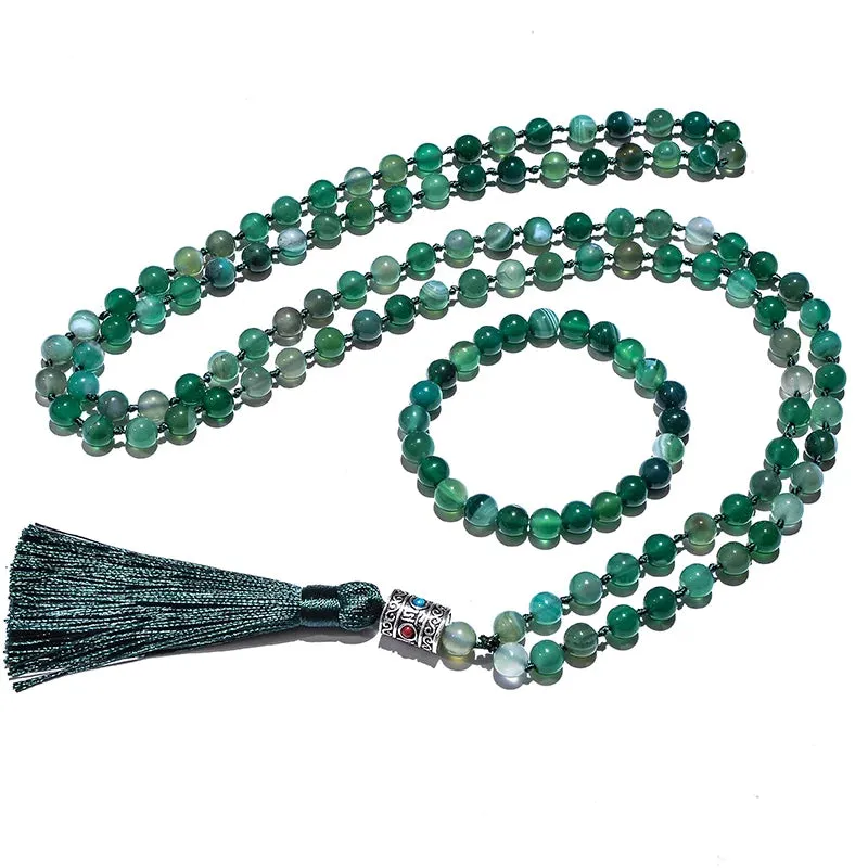 8mm Green Striped Agate Japamala Knotted Necklace 108 Mala Beaded Meditation Yoga Blessing Jewelry Set