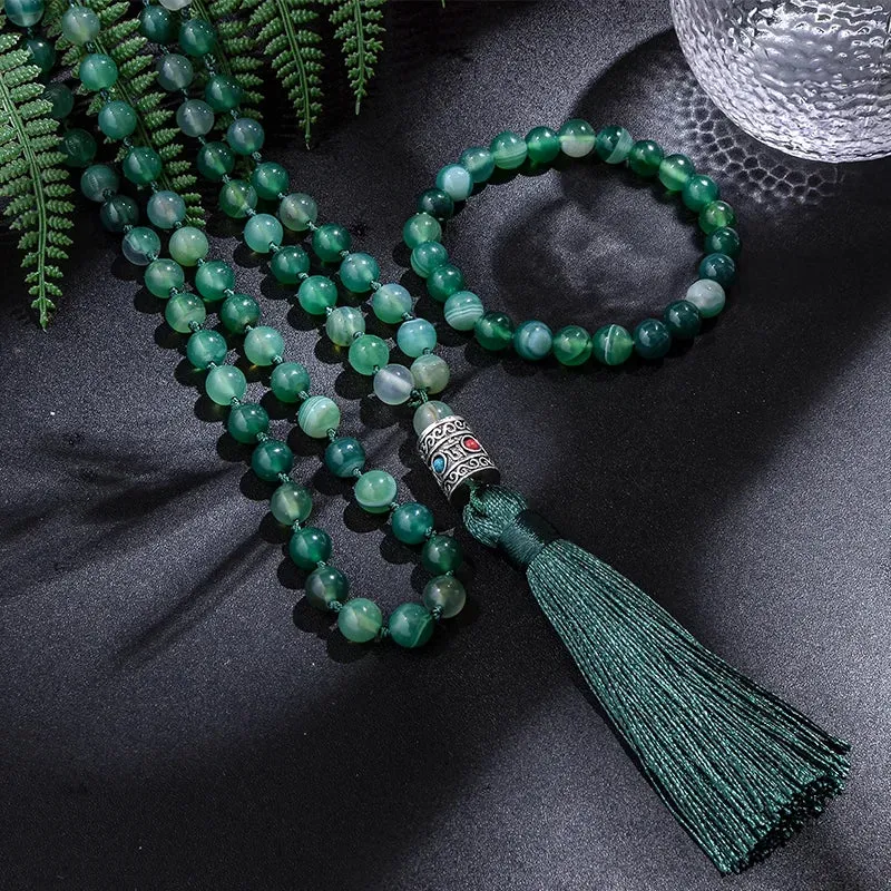 8mm Green Striped Agate Japamala Knotted Necklace 108 Mala Beaded Meditation Yoga Blessing Jewelry Set