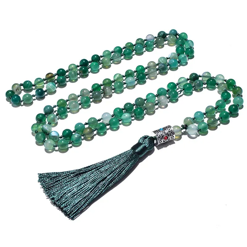 8mm Green Striped Agate Japamala Knotted Necklace 108 Mala Beaded Meditation Yoga Blessing Jewelry Set