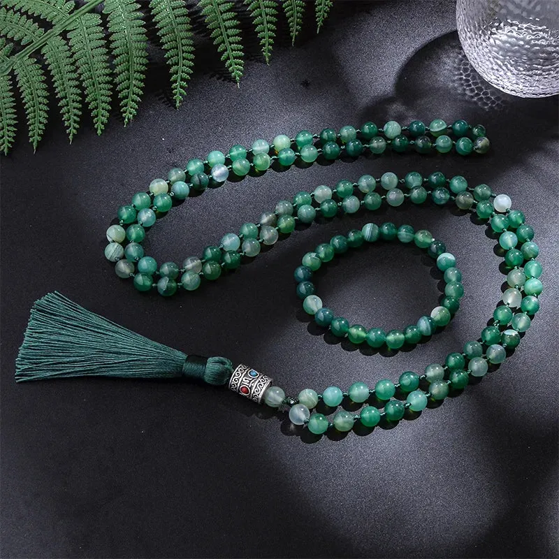 8mm Green Striped Agate Japamala Knotted Necklace 108 Mala Beaded Meditation Yoga Blessing Jewelry Set