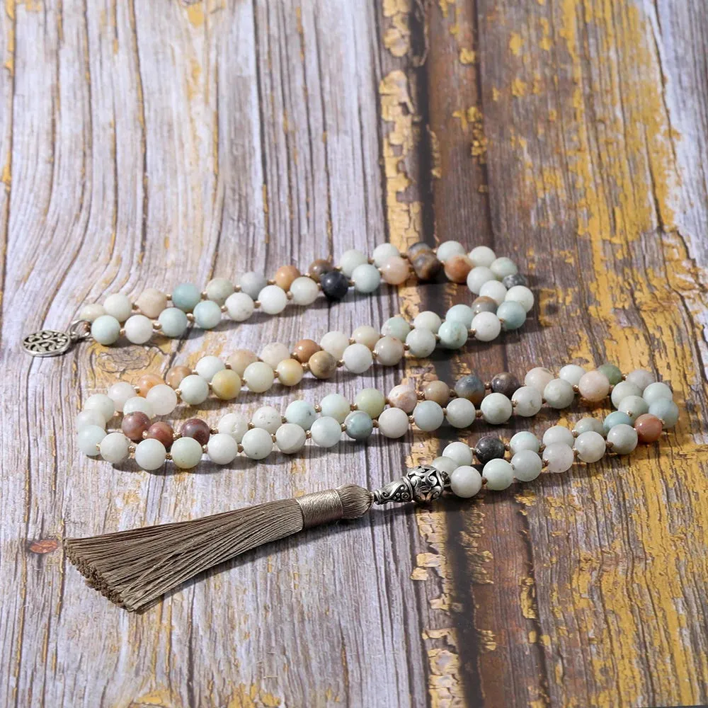 8mm Matte Amazonite Knotted Necklace 108 Mala Beads Prayer Blessing Jewelry for Women