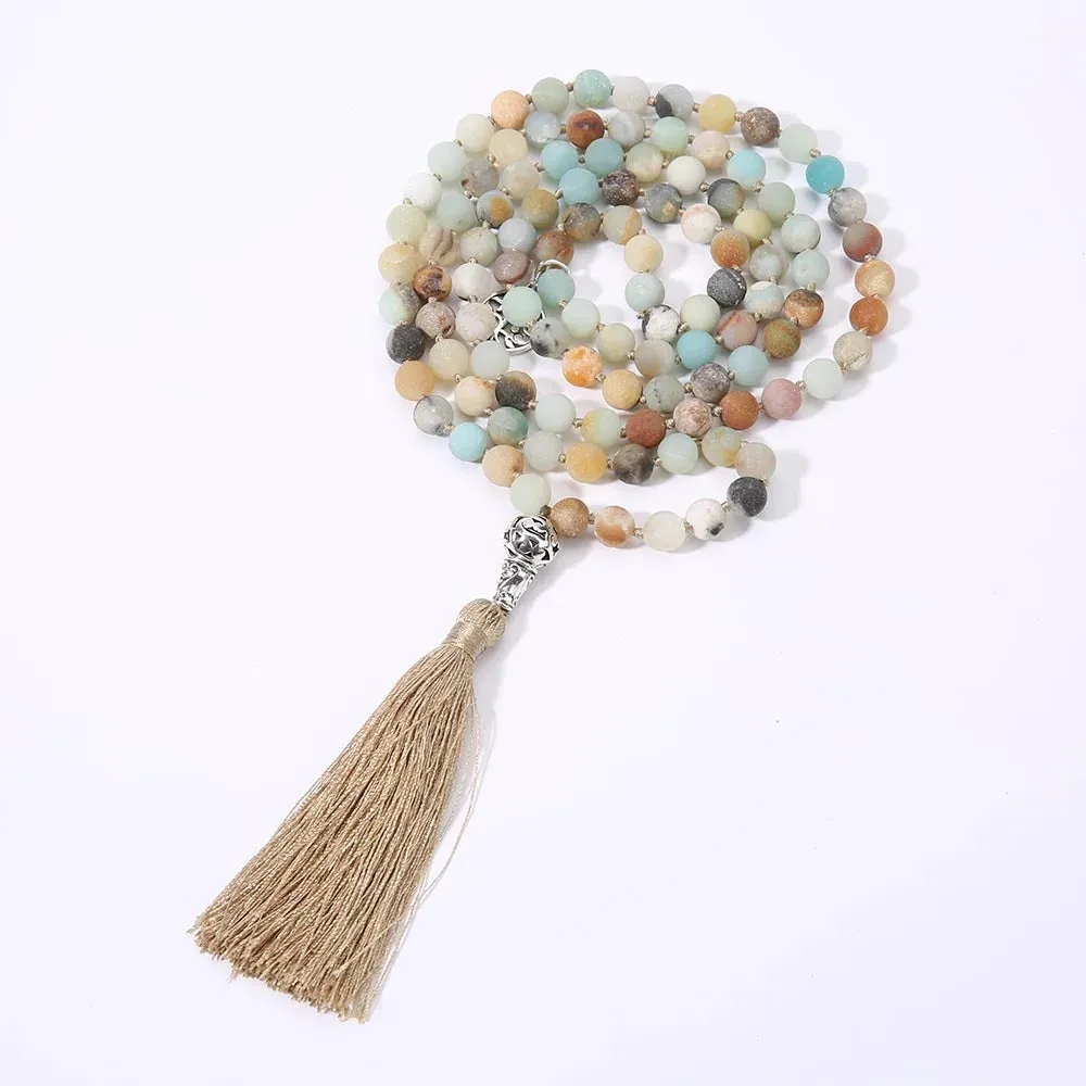8mm Matte Amazonite Knotted Necklace 108 Mala Beads Prayer Blessing Jewelry for Women