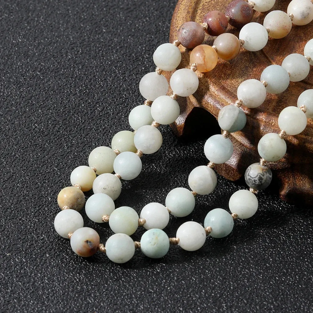 8mm Matte Amazonite Knotted Necklace 108 Mala Beads Prayer Blessing Jewelry for Women