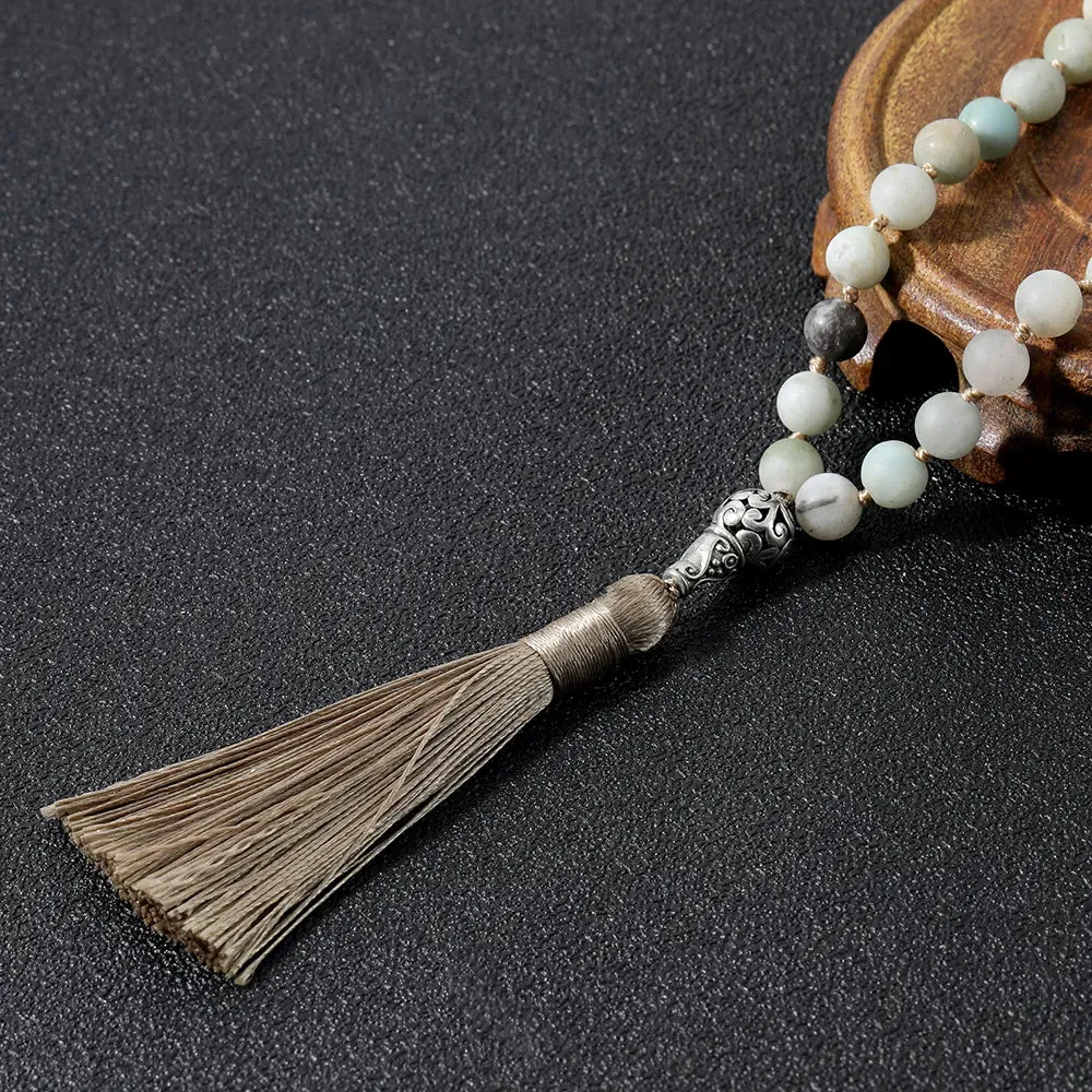 8mm Matte Amazonite Knotted Necklace 108 Mala Beads Prayer Blessing Jewelry for Women