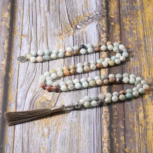8mm Matte Amazonite Knotted Necklace 108 Mala Beads Prayer Blessing Jewelry for Women