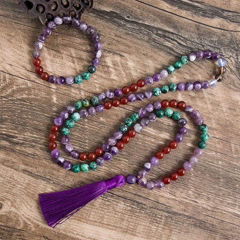 8mm Natural Amethyst Carnelian Opal Tea Crystal Beaded Necklace