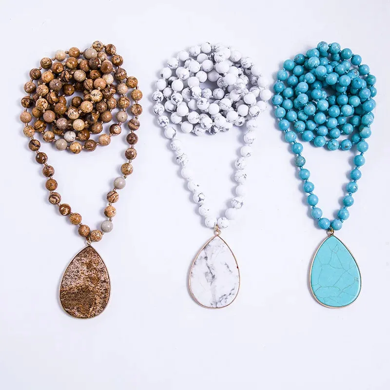 8mm Picture Jaspers, Howlite, Turquoise Beads Knotted Necklace Meditation Yoga Jewelry