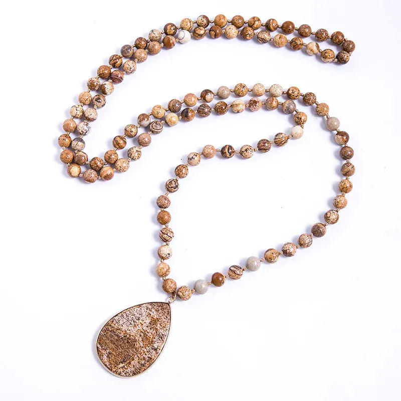 8mm Picture Jaspers, Howlite, Turquoise Beads Knotted Necklace Meditation Yoga Jewelry