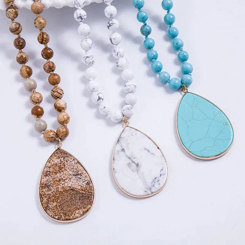8mm Picture Jaspers, Howlite, Turquoise Beads Knotted Necklace Meditation Yoga Jewelry