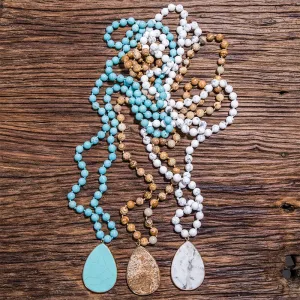 8mm Picture Jaspers, Howlite, Turquoise Beads Knotted Necklace Meditation Yoga Jewelry